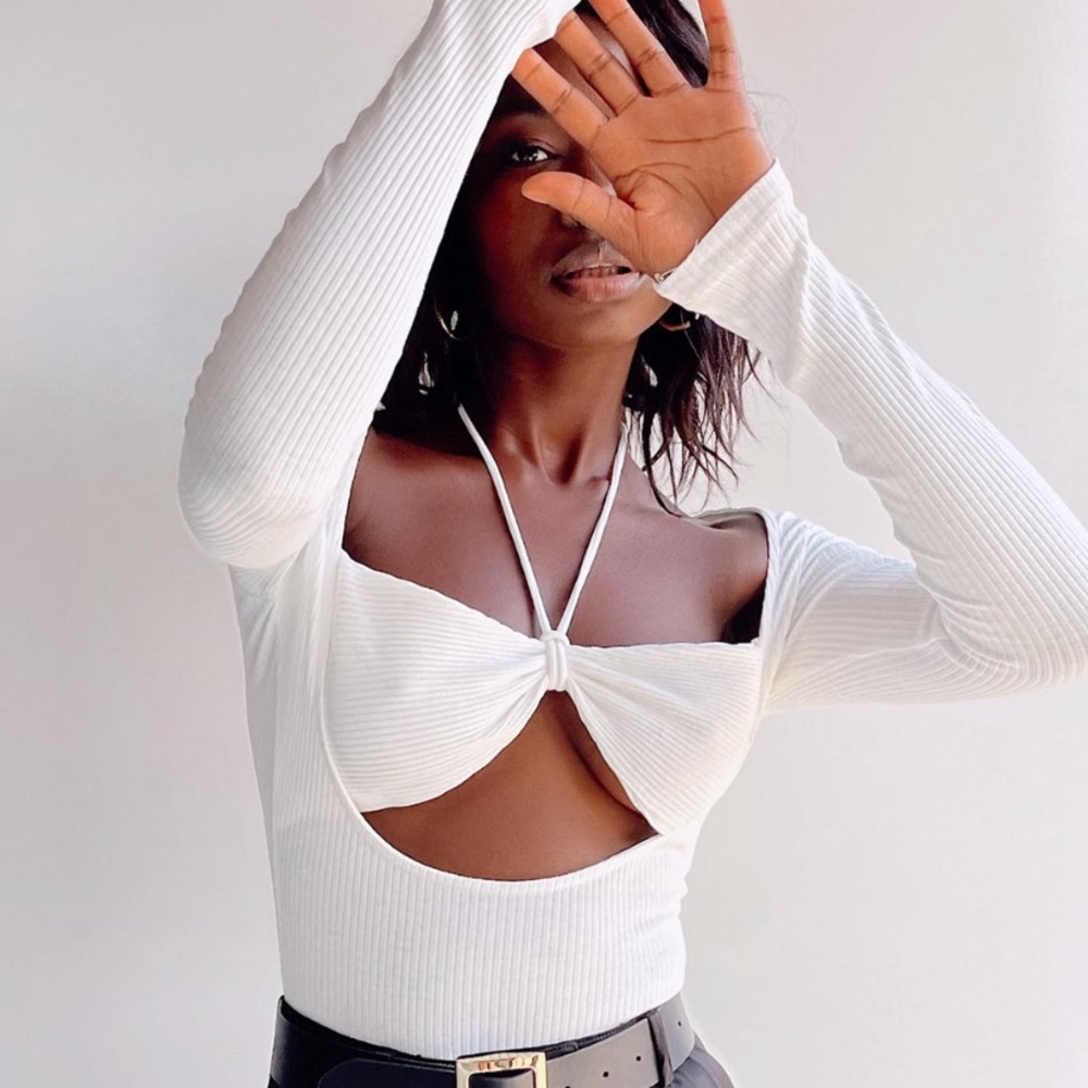 Princess Polly White Ribbed Cutout Long Sleeve Bodysuit